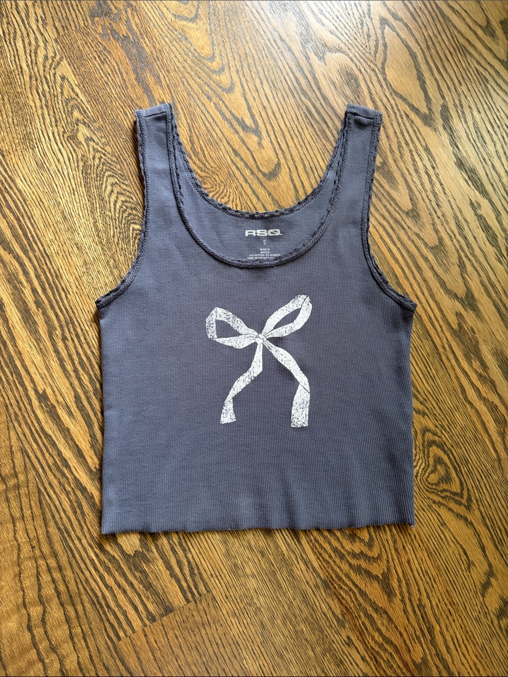 RSQ Gray Ribbed Tank with White Bow Graphic